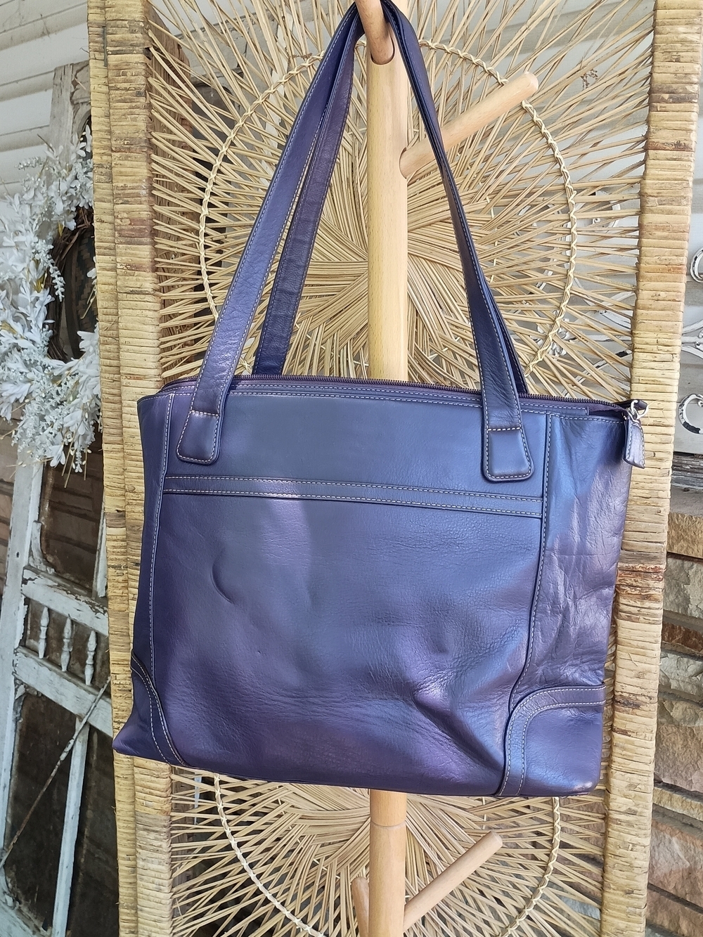 Levenger Purple Leather Shoulder Tote Purse
